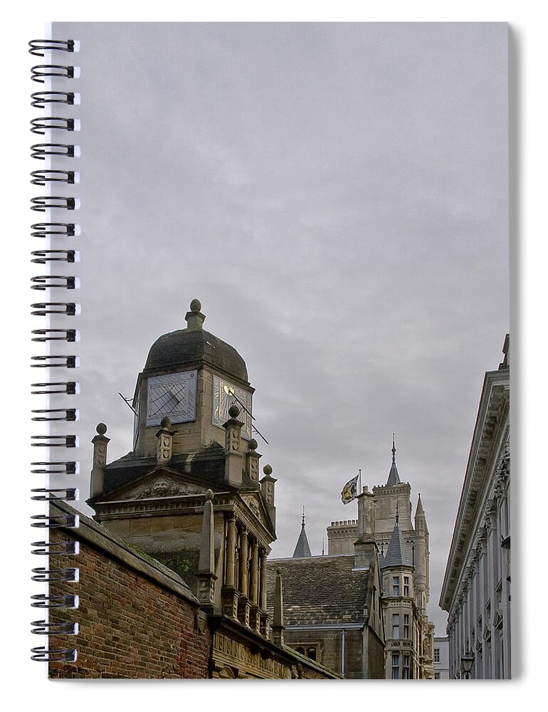 Cambridge Spiral Notebook featuring the photograph King college sundial clock tower. by Elena Perelman