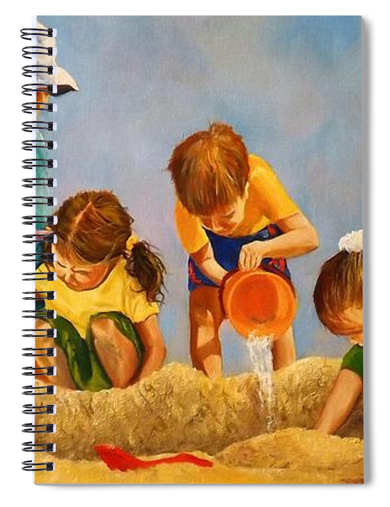 Beach Summer Sandcastles Seaside Children Spiral Notebook featuring the painting Kings Queens And Castles by Barry BLAKE