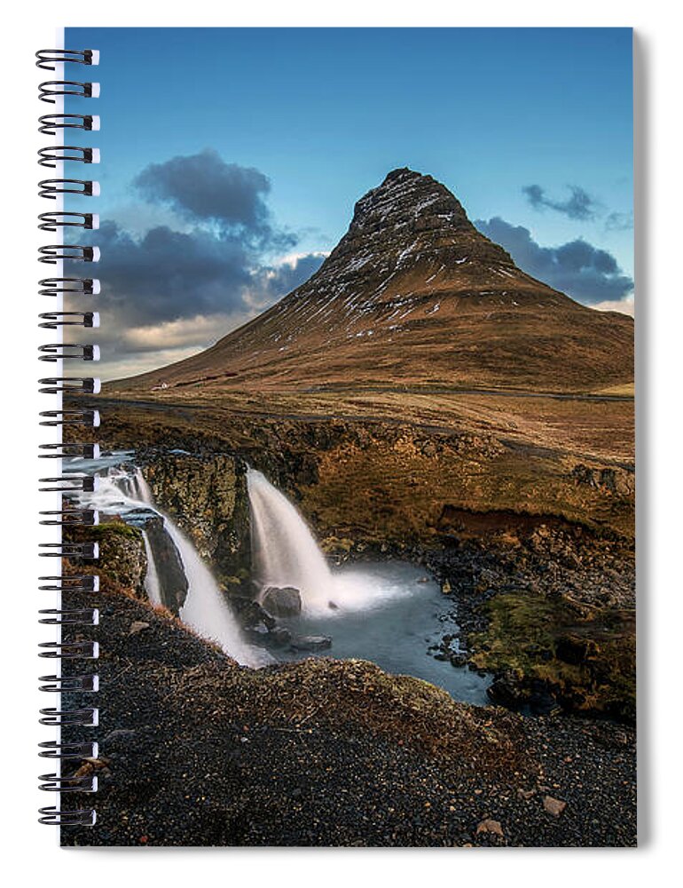 Landscape Spiral Notebook featuring the photograph Kirkjufellsfoss waterfall and Kirkjufell mountain, Iceland by Pradeep Raja Prints