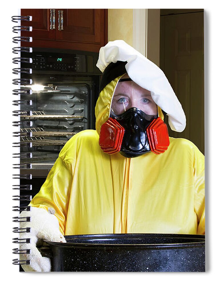 Burning Spiral Notebook featuring the photograph Kitchen disaster with HazMat suit by Karen Foley