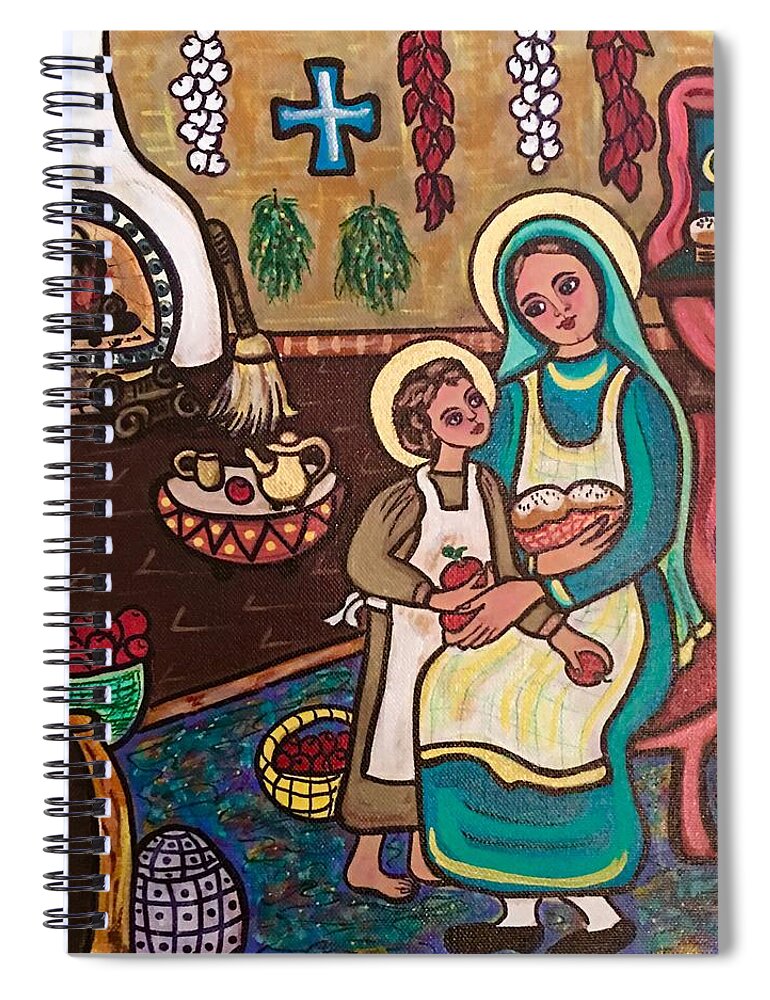 Kitchen Madonna Pottery Red Peppers Garlic Teapot Apples Child Jesus Mary Fireplace Rugs Cross Spiral Notebook featuring the painting Kitchen Madonna by Susie Grossman