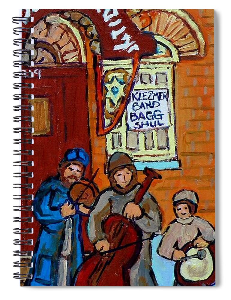 Montreal Spiral Notebook featuring the painting Klezmer Band Live Performance At Bagg Synagogue Montreal Street Scene Jewish Art Carole Spandau   by Carole Spandau