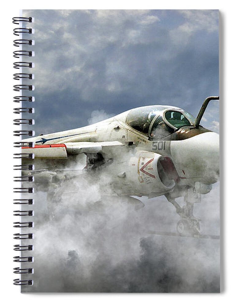 A Grumman A6 Intruder From Va-52 The 'knight Riders Ready For Launch From The Uss Kitty Hawk Spiral Notebook featuring the digital art Knight Riders by Airpower Art