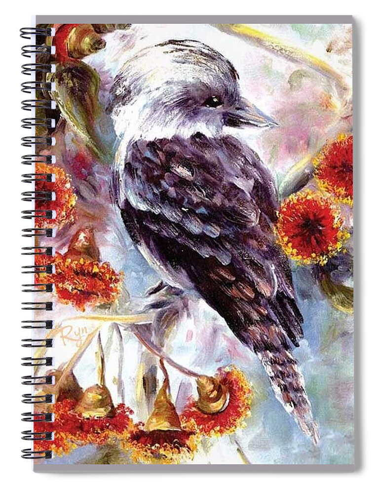 Kookaburra Spiral Notebook featuring the painting Kookaburra in red flowering gum by Ryn Shell