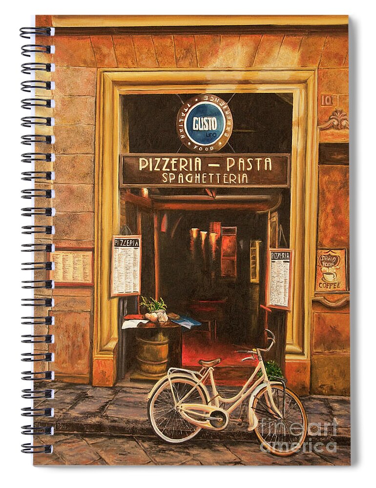 Italian Cafe Painting Spiral Notebook featuring the painting La Bicicletta by Charlotte Blanchard