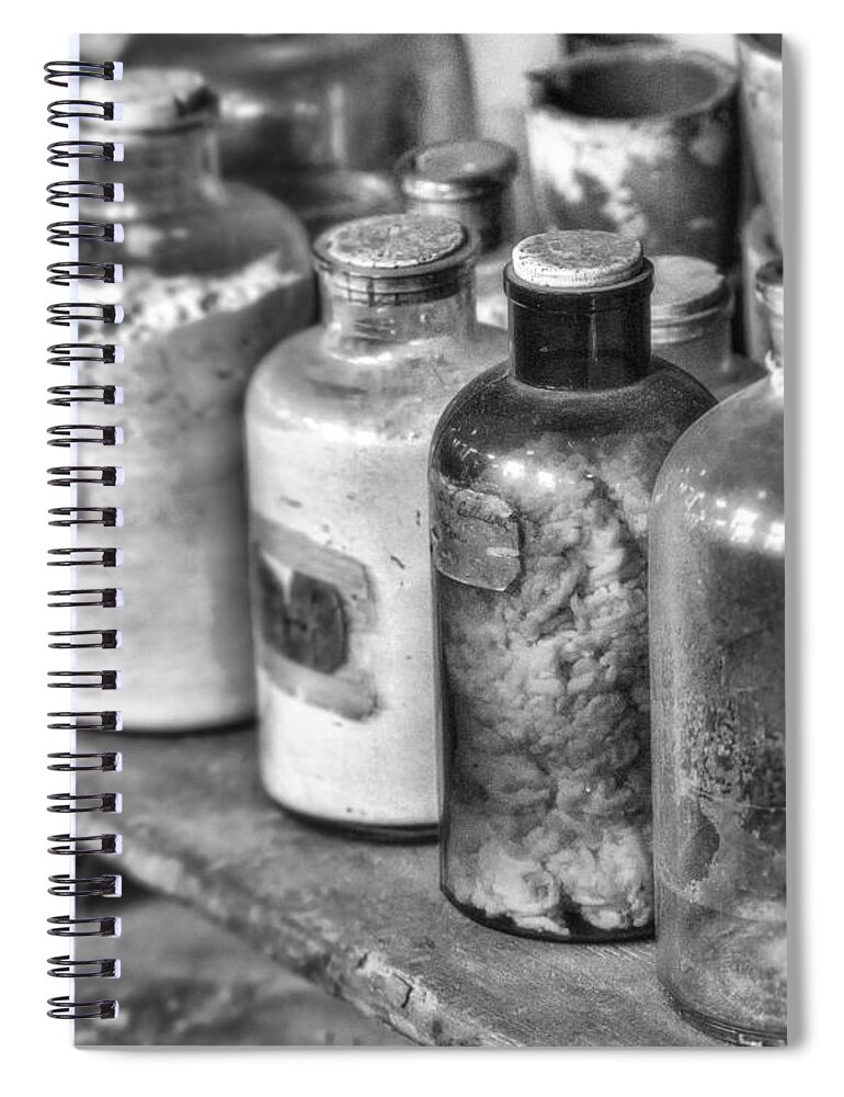Alchemical Spiral Notebook featuring the photograph Lab Bottles bw by Jerry Fornarotto
