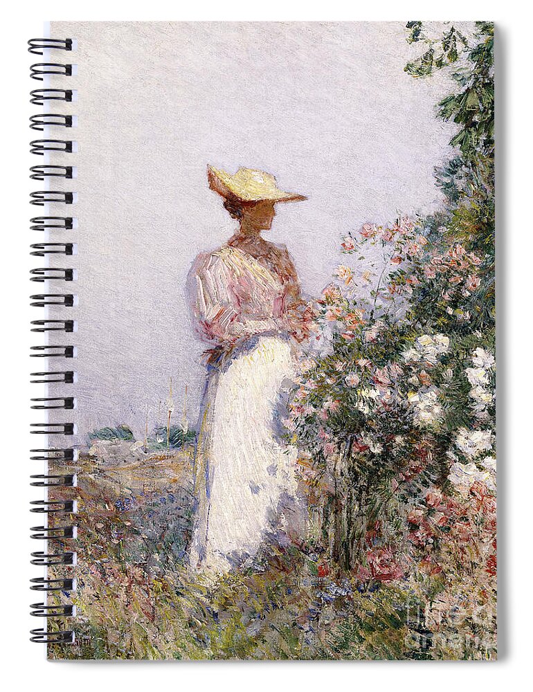 Childe Spiral Notebook featuring the painting Lady in Flower Garden by Childe Hassam