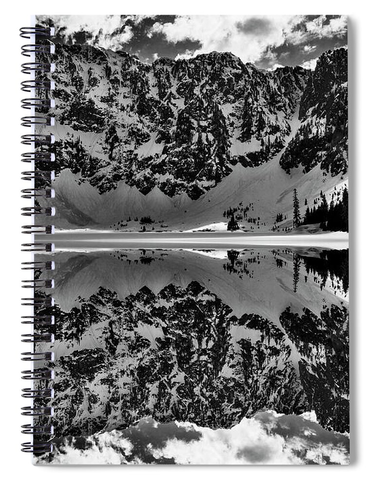 Reflection Spiral Notebook featuring the digital art Lake 22 Winter Black and White Reflection by Pelo Blanco Photo