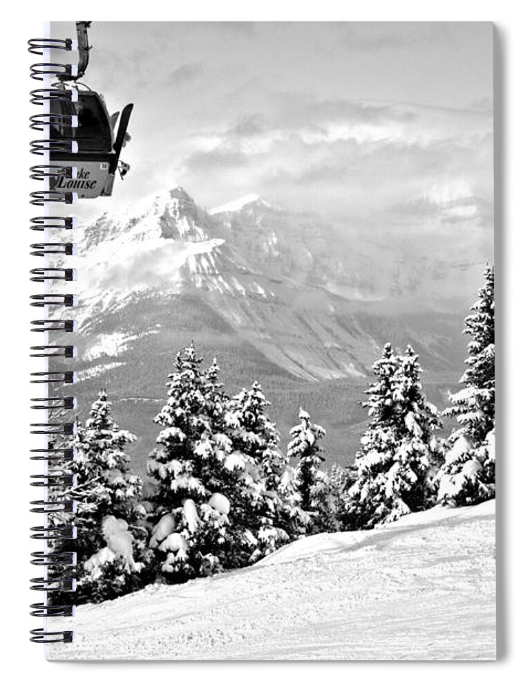 Lake Louise Spiral Notebook featuring the photograph Lake Louise Gondola Over The Snow Ghosts Black And White by Adam Jewell