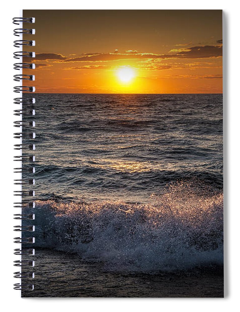 Sea Spiral Notebook featuring the photograph Lake Michigan Sunset with crashing shore waves by Randall Nyhof