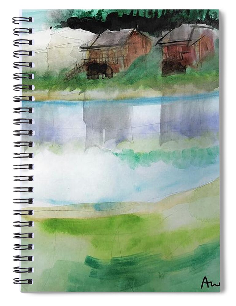 Watercolor Painting Summer Lake Water Houses Blue Green Spiral Notebook featuring the painting Lake Scene by Andra Miliacca