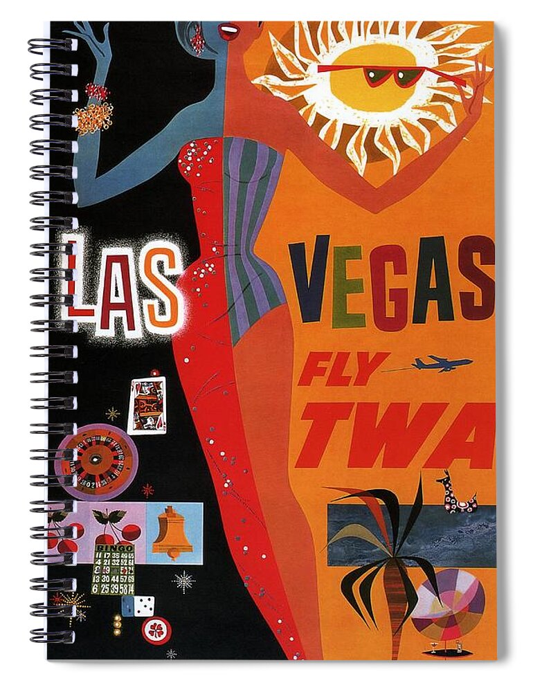 Travel Poster Spiral Notebook featuring the mixed media Las Vegas, Fly Twa - Retro travel Poster - Vintage Poster by Studio Grafiikka