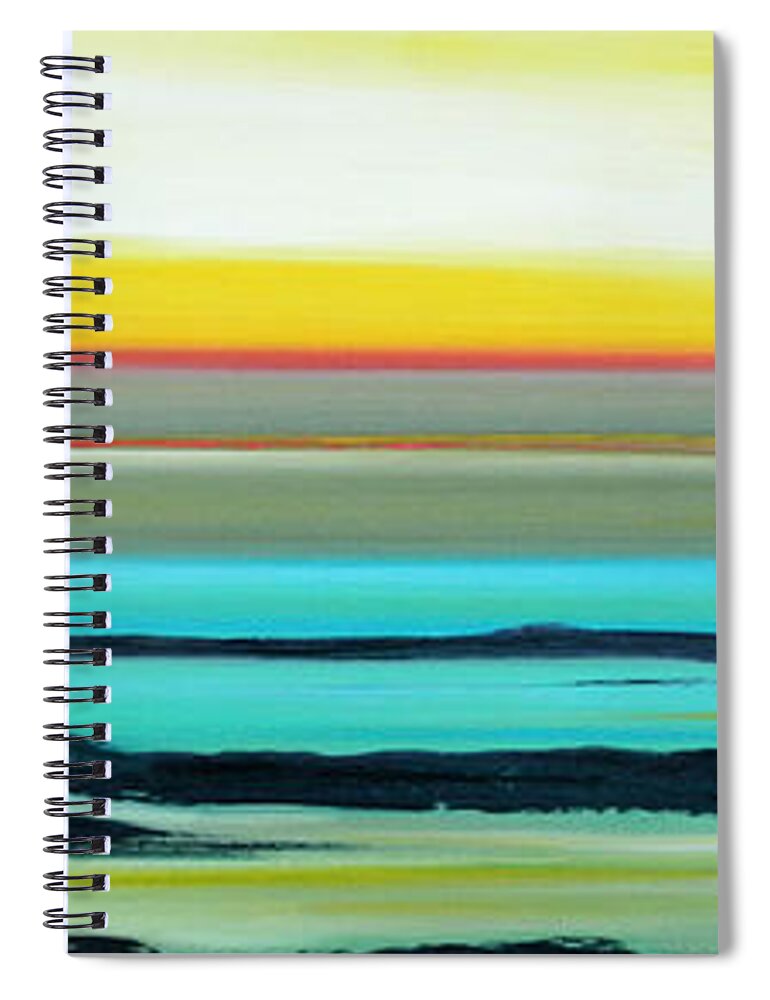 Sunset Spiral Notebook featuring the painting Lava Rocks Panoramic Sunset in Yellow and Blue by Gina De Gorna