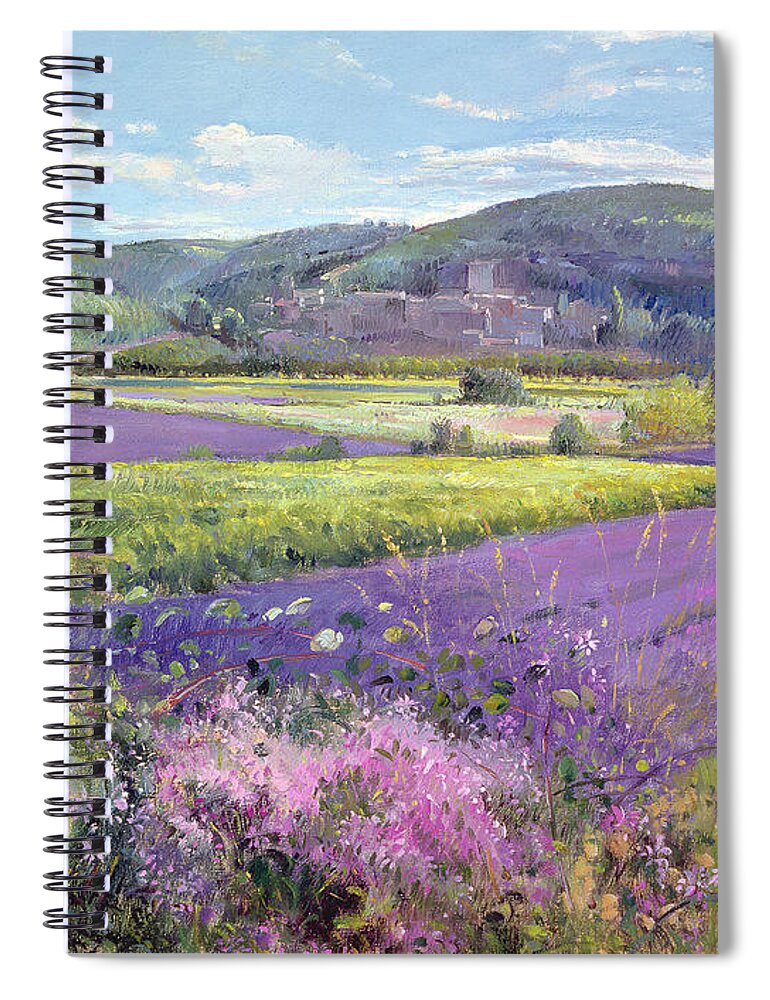 Field; South Of France; French Landscape; Hills; Hill; Landscape; Flower; Flowers Spiral Notebook featuring the painting Lavender Fields in Old Provence by Timothy Easton