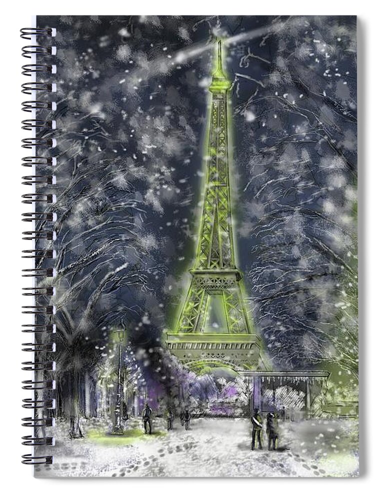 Eiffel Tower Landscape- Night Shot Spiral Notebook featuring the digital art L'Eiffel de Paris du Hiver by Rob Hartman