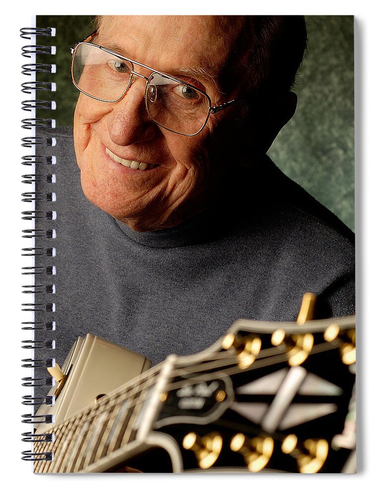 Les Paul Spiral Notebook featuring the photograph Les Paul with his white Gibson Les Paul custom guitar by Gene Martin by David Smith