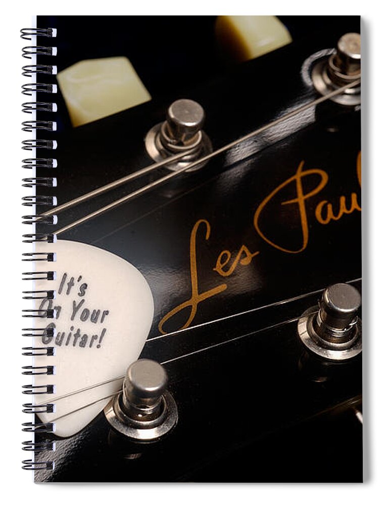 Les Paul Spiral Notebook featuring the photograph Les Paul's guitar pick on Gibson headstock by Gene Martin by David Smith