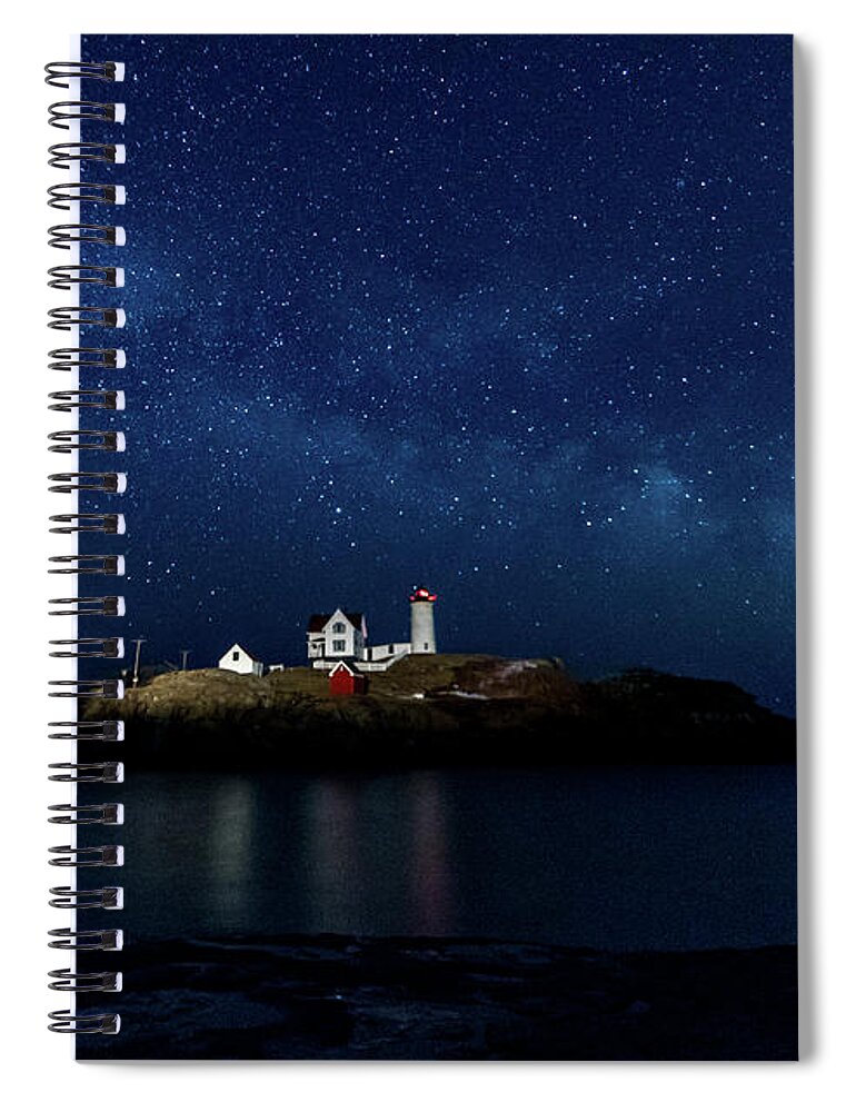 Milky Way Spiral Notebook featuring the photograph Light up Nubble Lighthouse by Darryl Hendricks