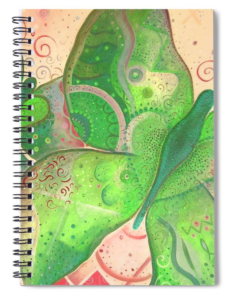 Moth Spiral Notebook featuring the painting Lighthearted In Green On Red by Helena Tiainen