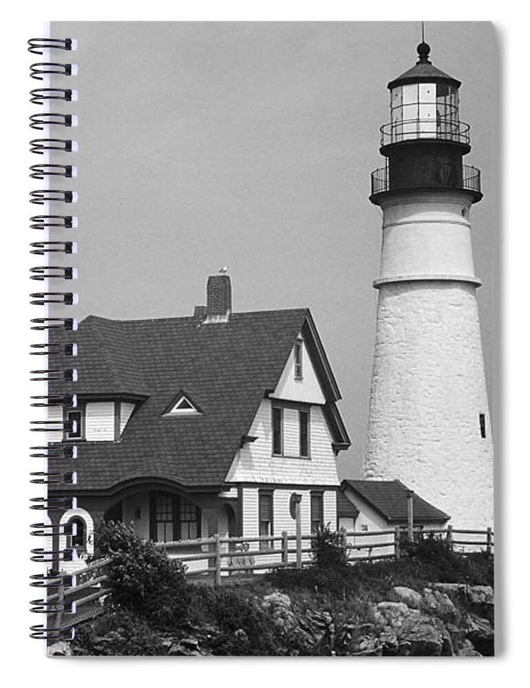 America Spiral Notebook featuring the photograph Lighthouse - Portland Head, Maine 2 BW by Frank Romeo