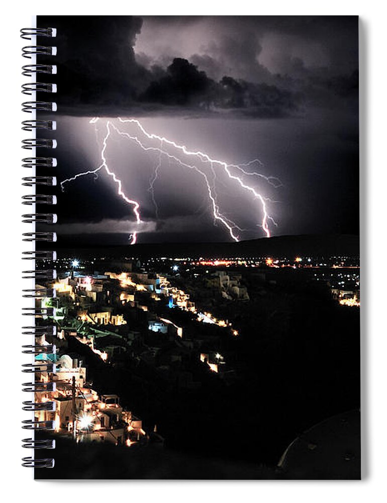 Night Spiral Notebook featuring the photograph Lightning during a Thunderstorm on the island of Santorini, Greece by Yuri Hope