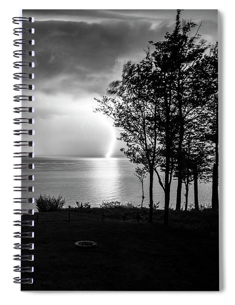 Landscapes Spiral Notebook featuring the photograph Lightning on Lake Michigan at Night in BW by Mary Lee Dereske