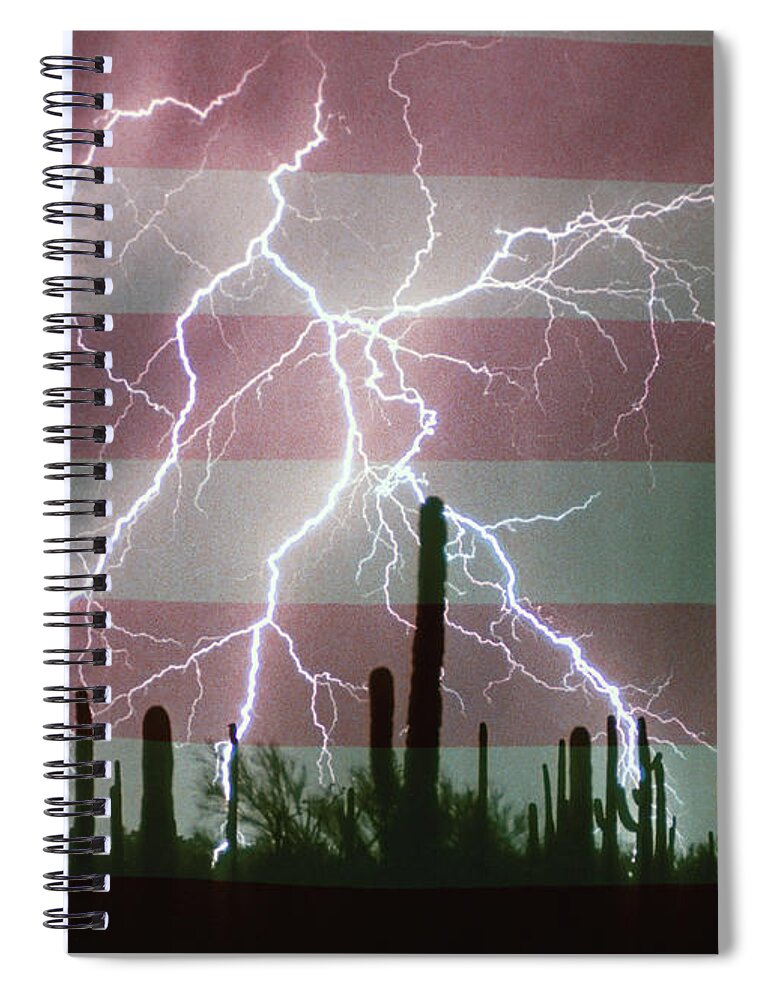 Americano Spiral Notebook featuring the photograph Lightning Storm in the USA Desert Flag Background by James BO Insogna