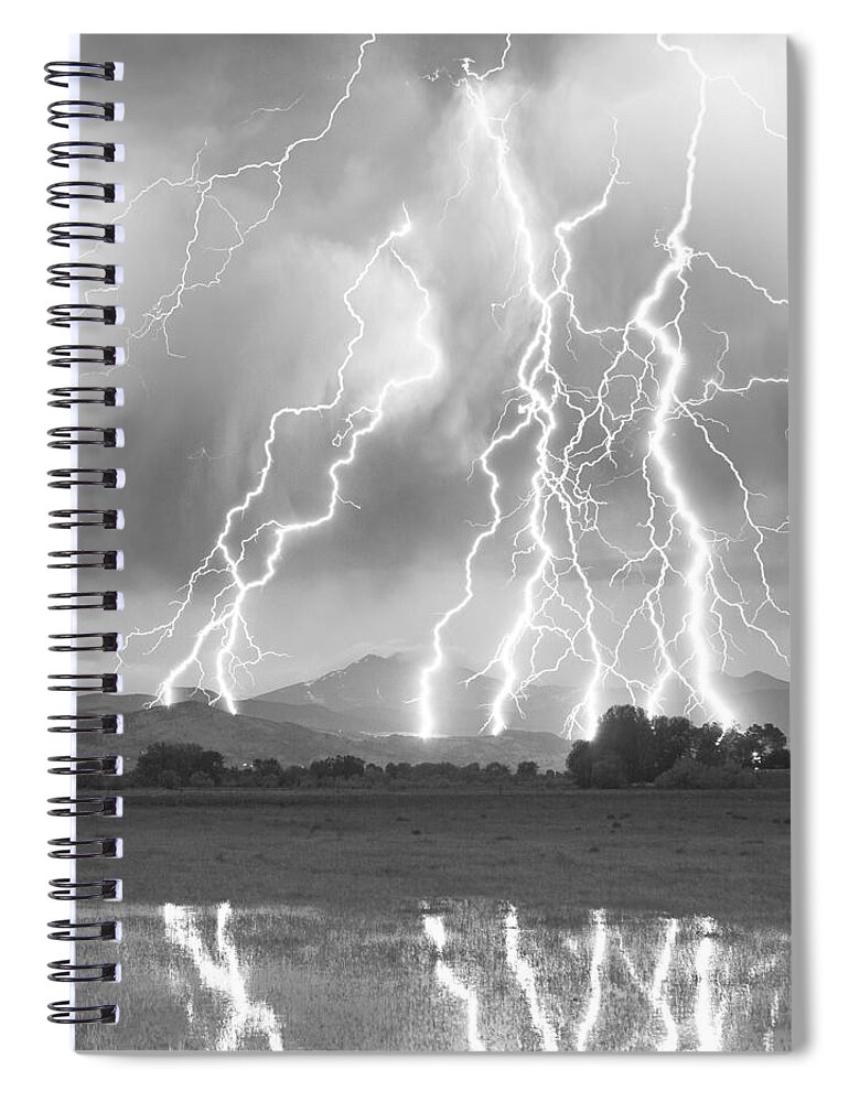 Foothills Spiral Notebook featuring the photograph Lightning Striking Longs Peak Foothills 4CBW by James BO Insogna