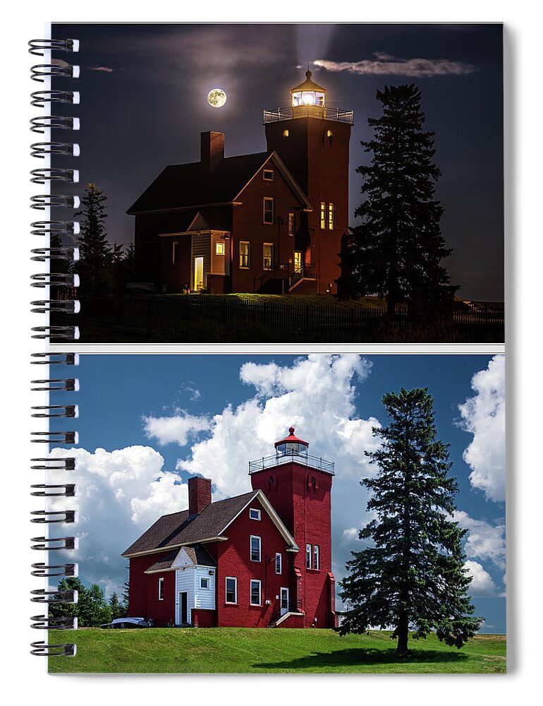 Lighthouse Mn Minnesota Two Harbors Lake Superior North Shore Night Day Moon Moonlight Spotlight Full Moon Historical Maritime Shipping Ship Navigation Safety Danger Warning Spiral Notebook featuring the photograph LIke Night and Day - Two Harbors MN Lightouse by Peter Herman