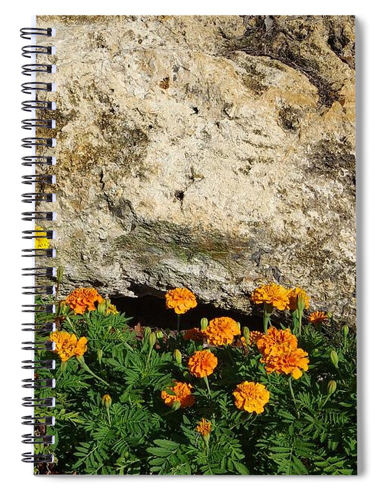 Limestone Spiral Notebook featuring the photograph Limestone Boulder and Marigolds by Richard Rizzo
