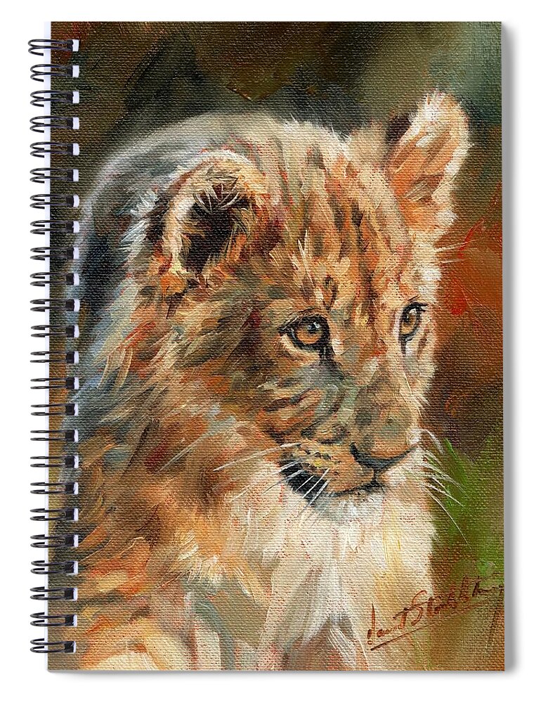 Lion Spiral Notebook featuring the painting Lion Cub Portrait by David Stribbling