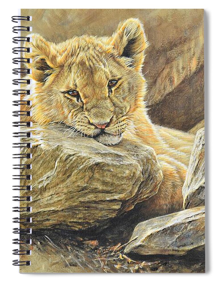 Wildlife Paintings Spiral Notebook featuring the painting Lion Cub Study by Alan M Hunt