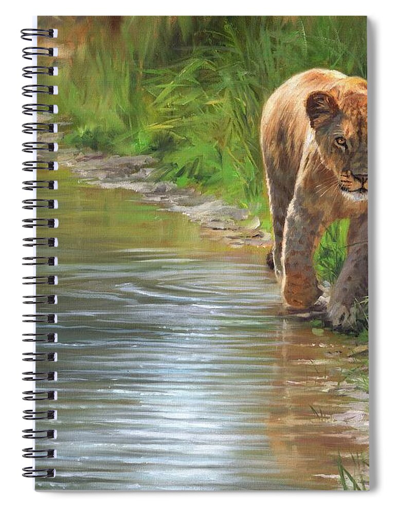 Lioness Spiral Notebook featuring the painting Lioness. Water's Edge by David Stribbling