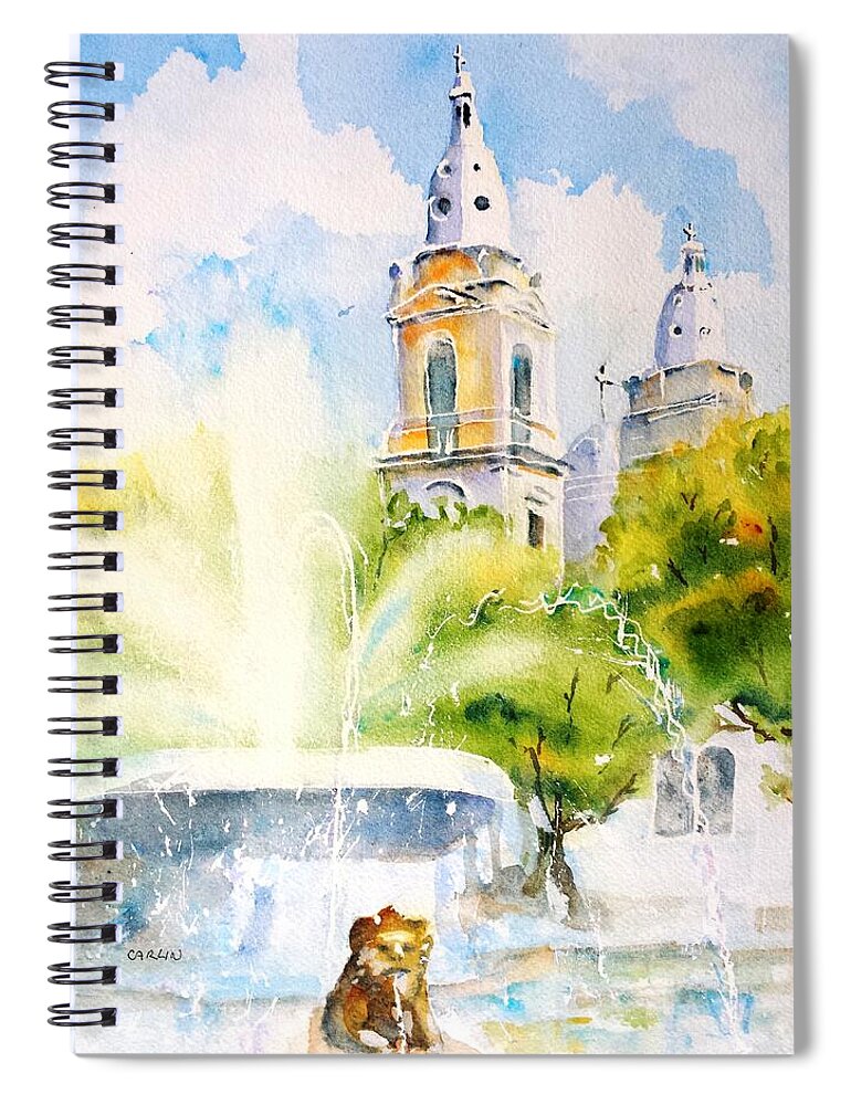 Puerto Rico Spiral Notebook featuring the painting Lions Fountain Plaza Las Delicias Ponce Cathedral Puerto Rico by Carlin Blahnik CarlinArtWatercolor