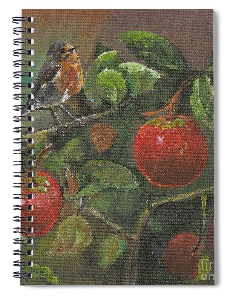 Bird Spiral Notebook featuring the painting Little Bird in the Apple Tree by Jan Dappen
