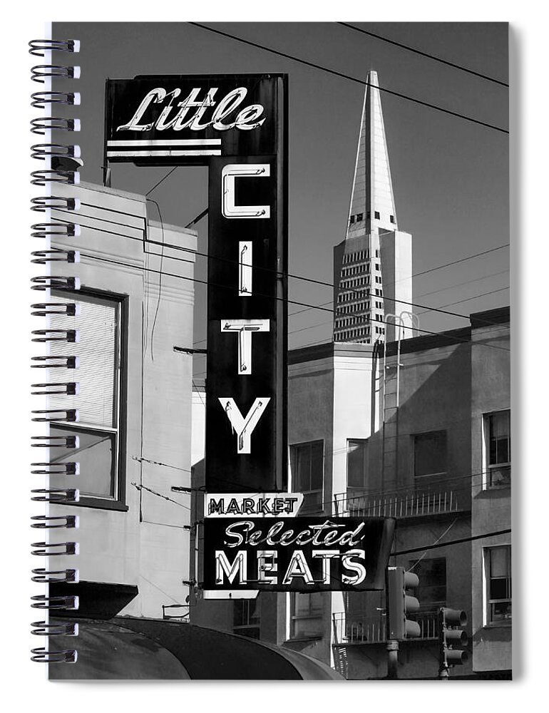 Bonnie Follett Spiral Notebook featuring the photograph Little City Market North Beach San Francisco BW by Bonnie Follett