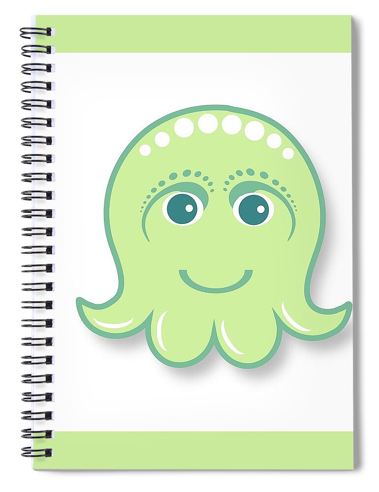 Little Octopus Spiral Notebook featuring the digital art Little cute green octopus by Ainnion