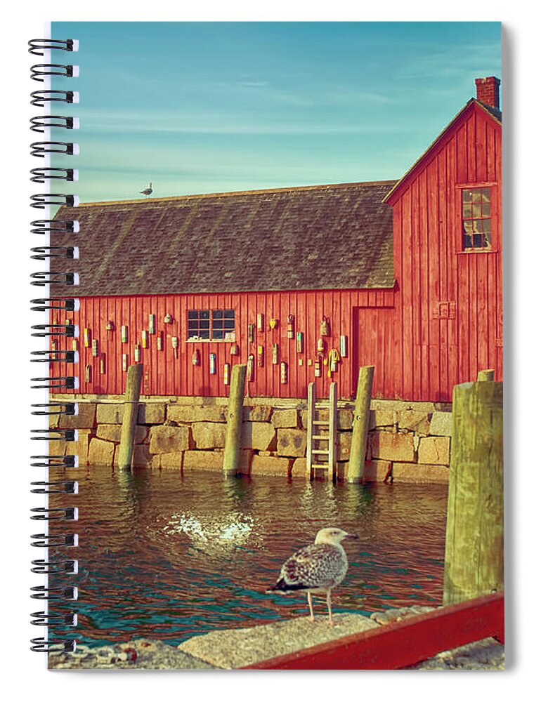 Lobster Shack; Shack; Harbor; Rockport; Massachusetts; Rockport Harbor; Seagull Spiral Notebook featuring the photograph Lobster Shack by Mick Burkey