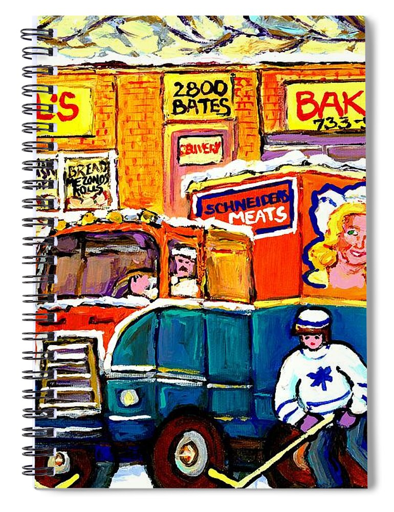 Montreal Spiral Notebook featuring the painting Local Kosher Bake Shop Montreal Memories Hockey Art Winter Scene Deli Truck Canadian Art C Spandau  by Carole Spandau