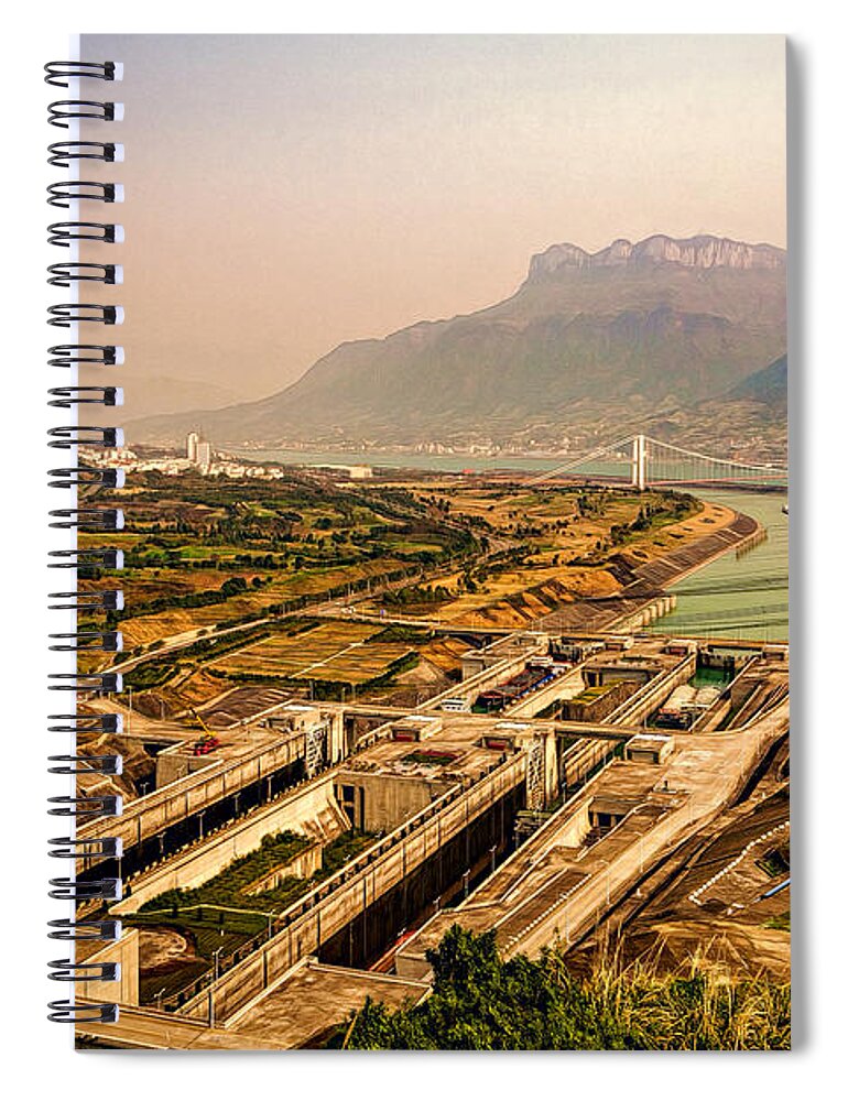 Boat Lift Spiral Notebook featuring the photograph Locks and Power Lines by Maria Coulson