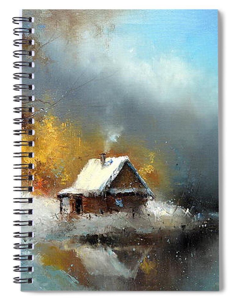 Russian Artists New Wave Spiral Notebook featuring the painting Lodge in the Winter Forest by Igor Medvedev