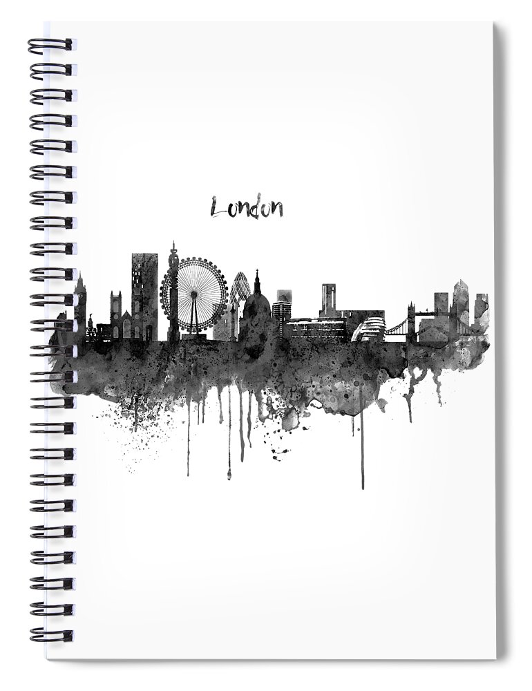 London Spiral Notebook featuring the painting London Black and White Skyline watercolor by Marian Voicu