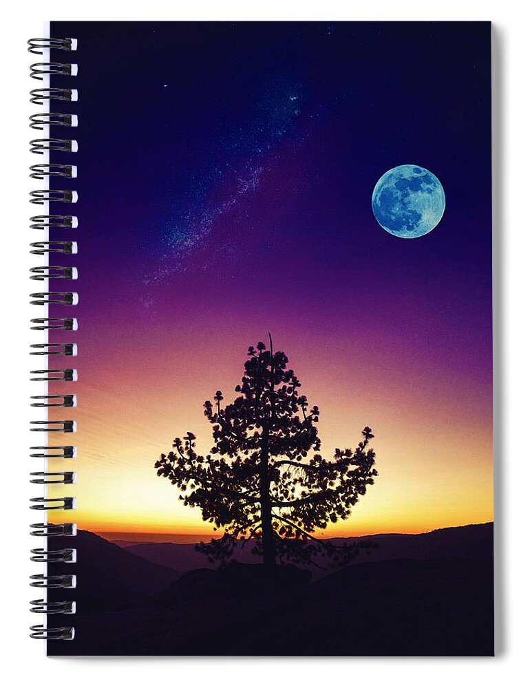Moon Spiral Notebook featuring the painting Lone Tree, moon and galaxy by Adam Asar by Celestial Images