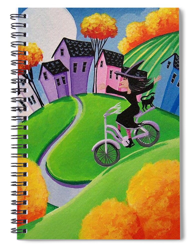 Witch Spiral Notebook featuring the painting Look No Hands  witch cat ridng bike by Debbie Criswell