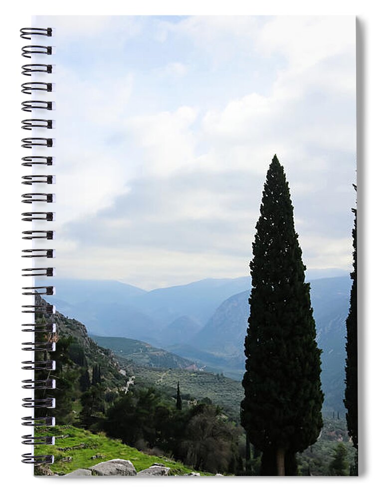 Cypress Spiral Notebook featuring the photograph Looking out over Valley and Mountains from Ruins at Delphi Greece by Susan Vineyard