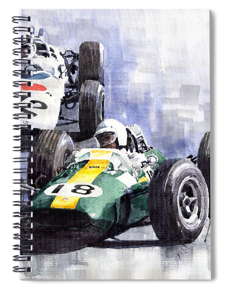 Watercolour Spiral Notebook featuring the painting Lotus vs Honda Mexican GP 1965 by Yuriy Shevchuk