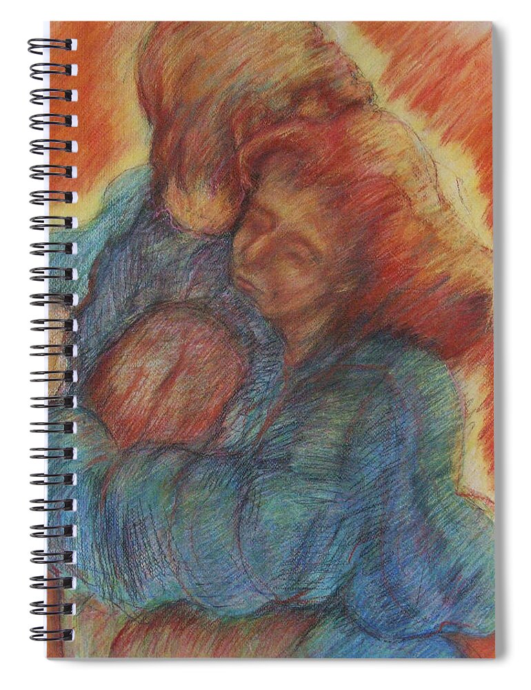 Original Art Pastel Chalk Drawing Lovers Couple Hug Embrace Love Spiral Notebook featuring the pastel Lovers Embrace by Katt Yanda
