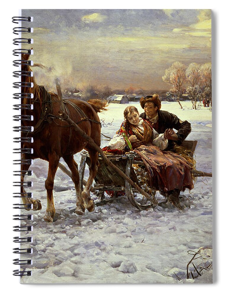 Couple Spiral Notebook featuring the painting Lovers in a sleigh by Alfred von Wierusz Kowalski