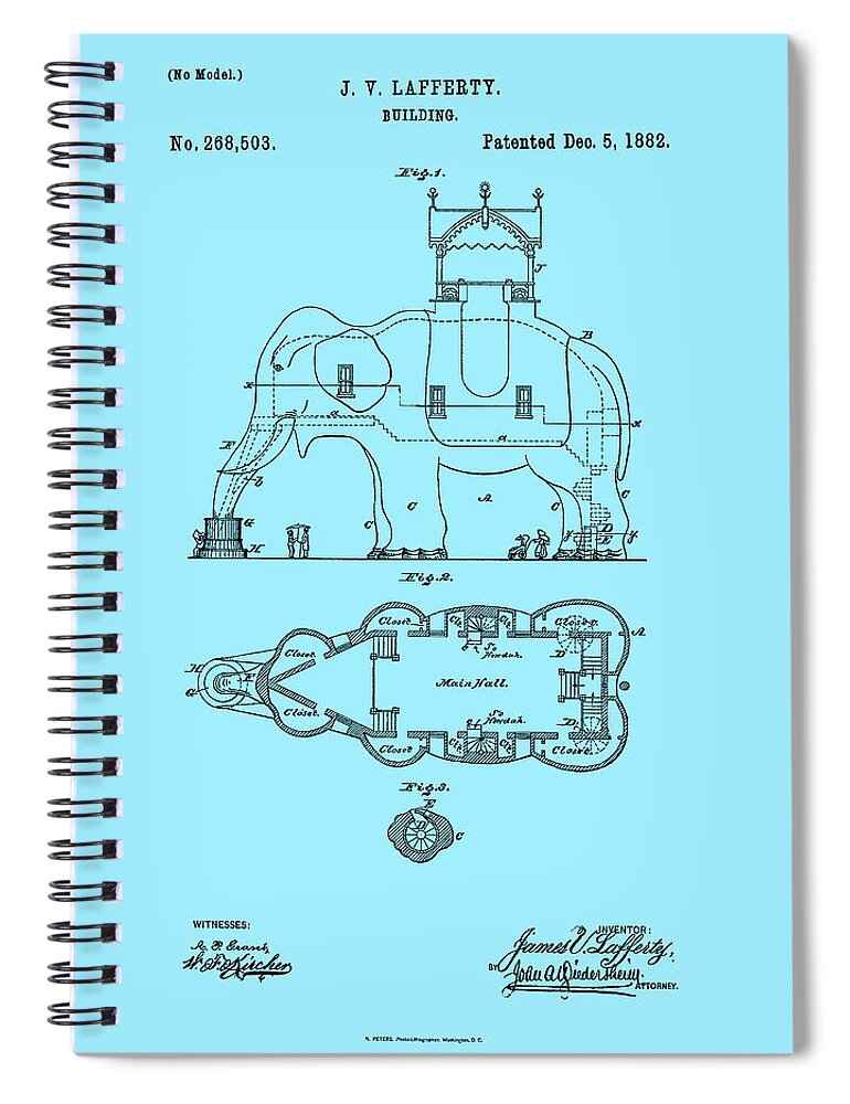 Richard Reeve Spiral Notebook featuring the drawing Lucy the Elephant Patent 1882 by Richard Reeve
