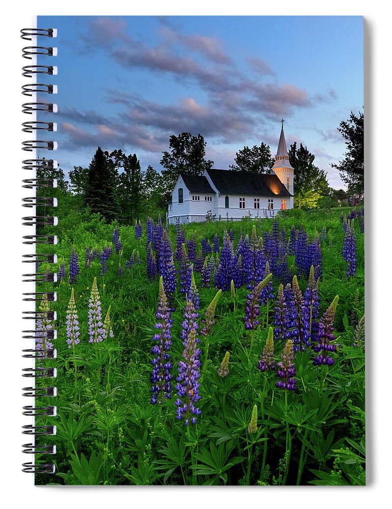 Lupines Spiral Notebook featuring the photograph Lupines by the Church by Rob Davies